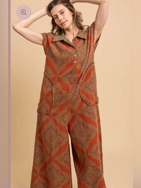 Blue Velvet Wide-Leg Printed Jumpsuit in Rust (Reversible)